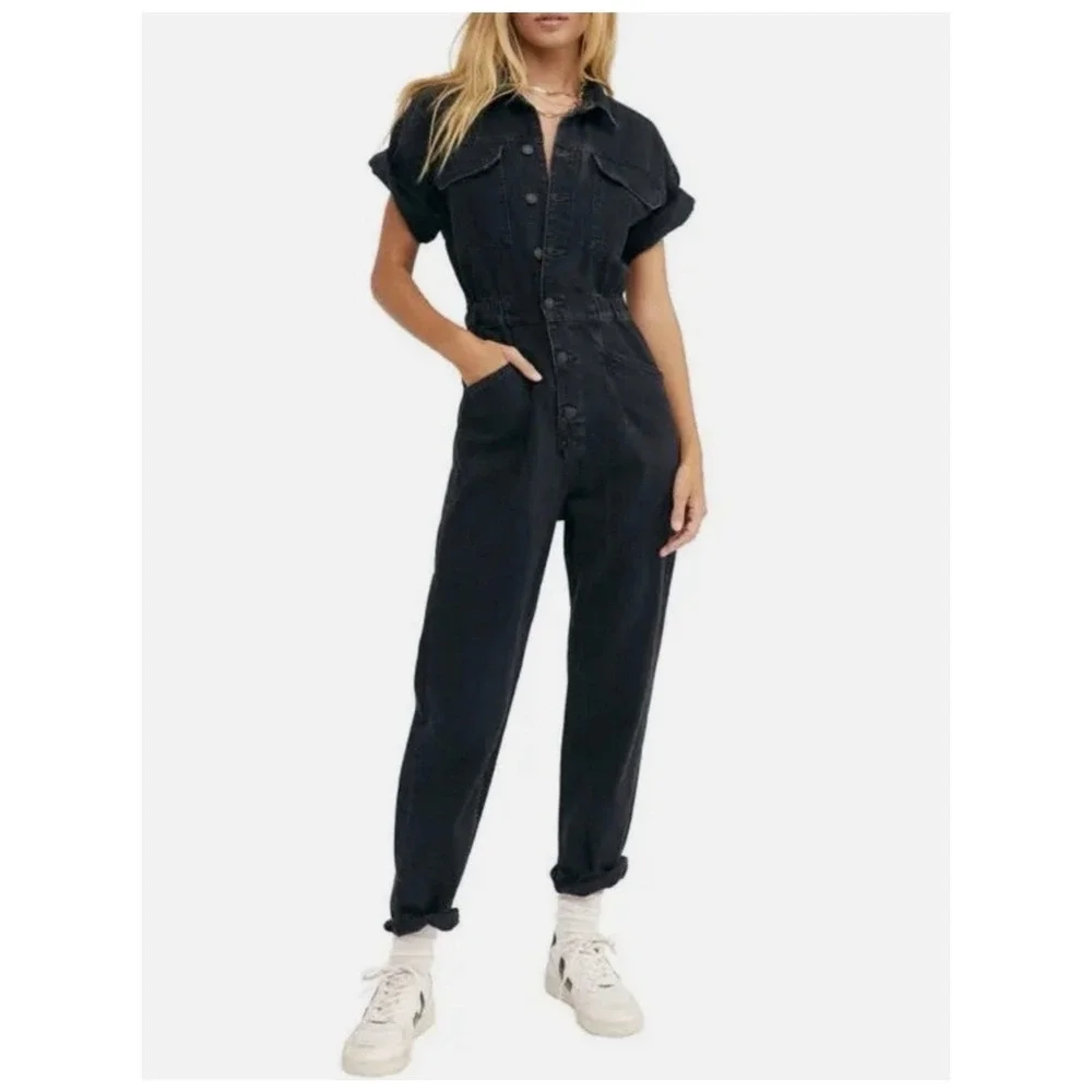 Free People Marci Denim Coveralls  Short Sleeve Faded Black Jumpsuit Size XS